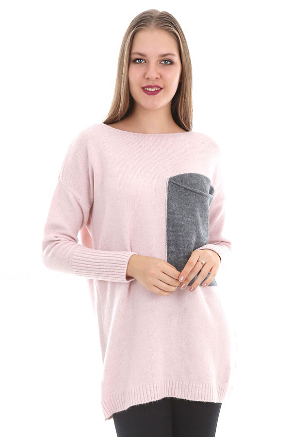 15263 SALAŞ CEPLİ TRİKO KAZAK - Pudra - BİGDART