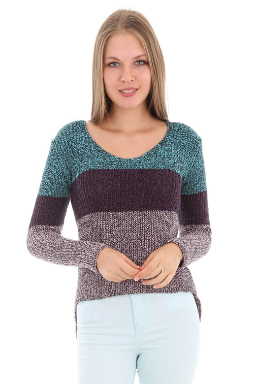 15267 ÜÇ RENKLİ TRİKO KAZAK - Petrol - BİGDART