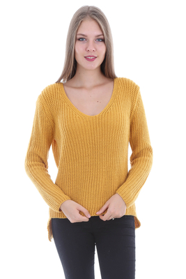 15269 ÖNÜ KISA V YAKA TRİKO KAZAK - Hardal - BİGDART