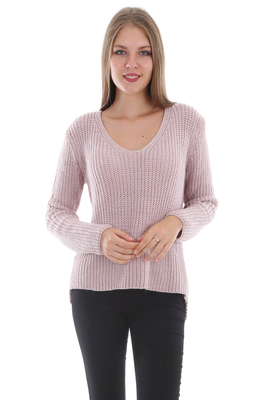 15269 ÖNÜ KISA V YAKA TRİKO KAZAK - Pudra - BİGDART