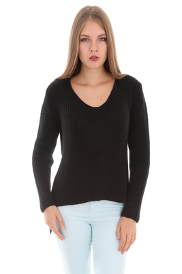 15269 ÖNÜ KISA V YAKA TRİKO KAZAK - Siyah - BİGDART