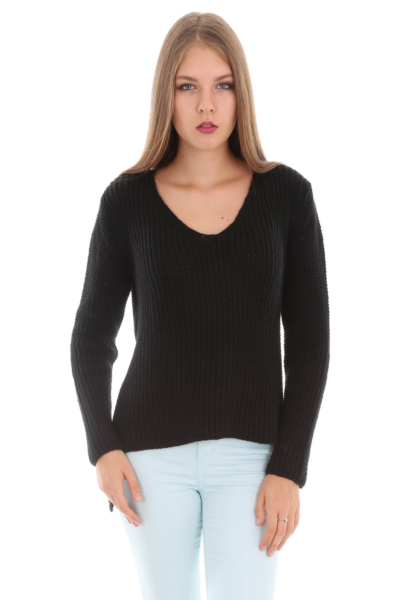 15269 ÖNÜ KISA V YAKA TRİKO KAZAK - Siyah - BİGDART