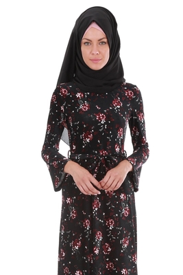 1527 ÇİZGİLİ KADİFE TESETTÜR ELBİSE - Siyah - BİGDART