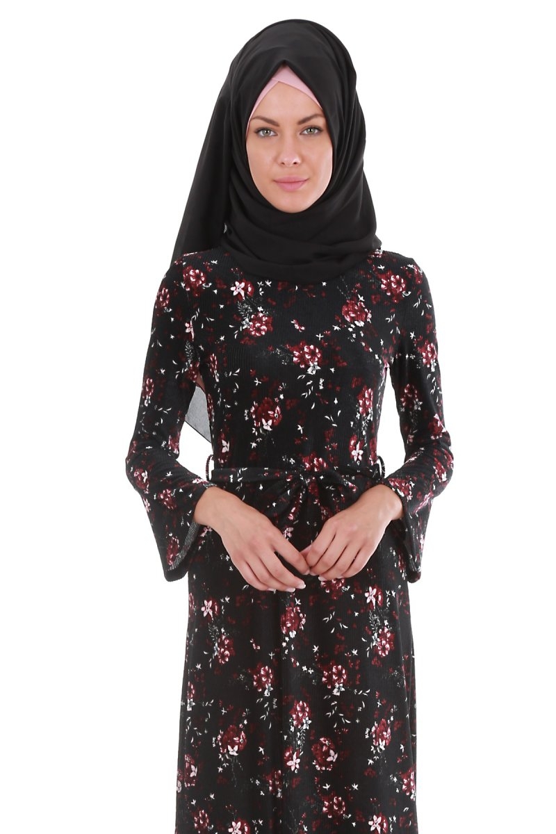 1527 ÇİZGİLİ KADİFE TESETTÜR ELBİSE - Siyah - BİGDART