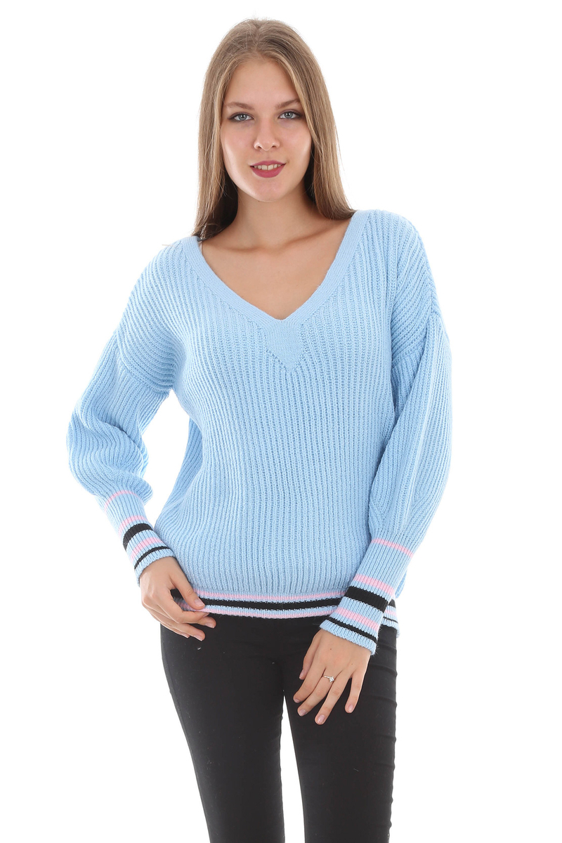 15270 V YAKA ALT ÇİZGİLİ TRİKO KAZAK - Mavi - BİGDART