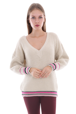 15270 V YAKA ALT ÇİZGİLİ TRİKO KAZAK - Vizon - BİGDART