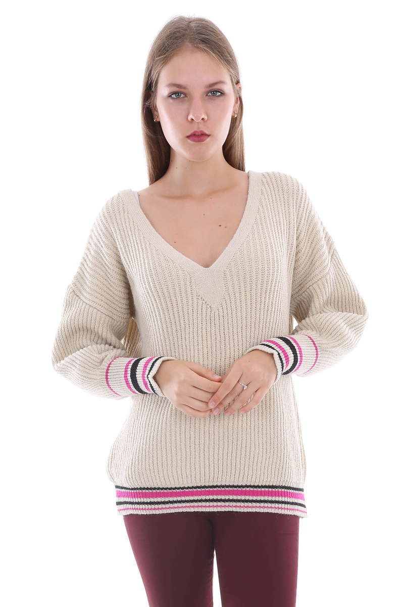 15270 V YAKA ALT ÇİZGİLİ TRİKO KAZAK - Vizon - BİGDART