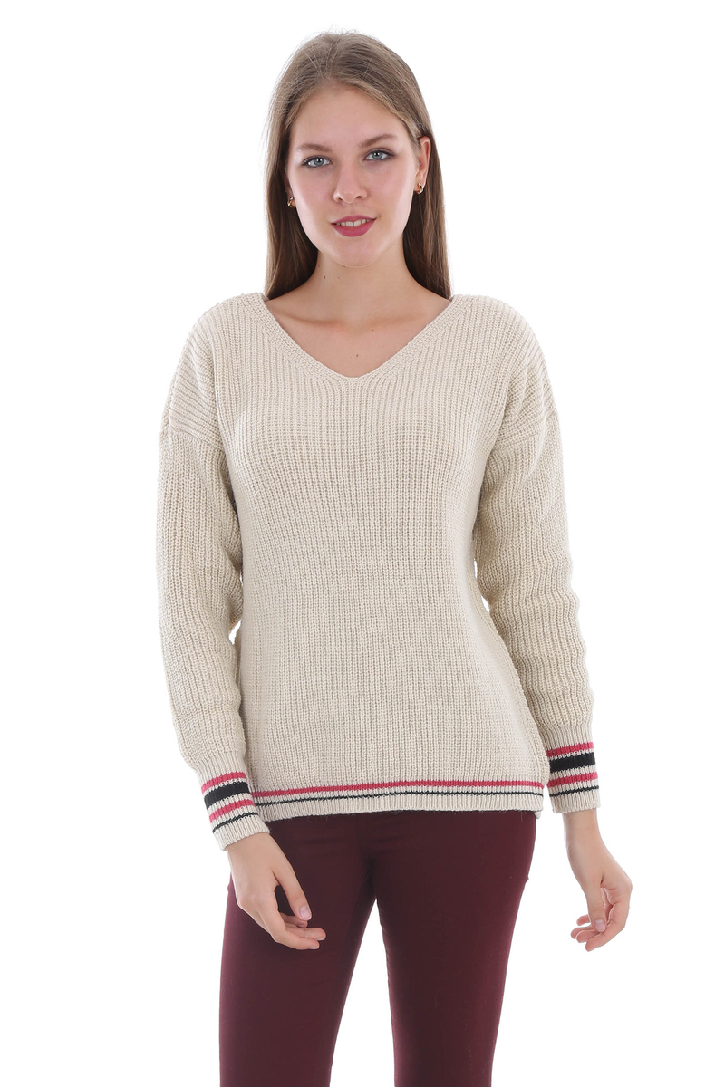 15271 ALTI İKİ RENK TRİKO KAZAK - Bej - BİGDART
