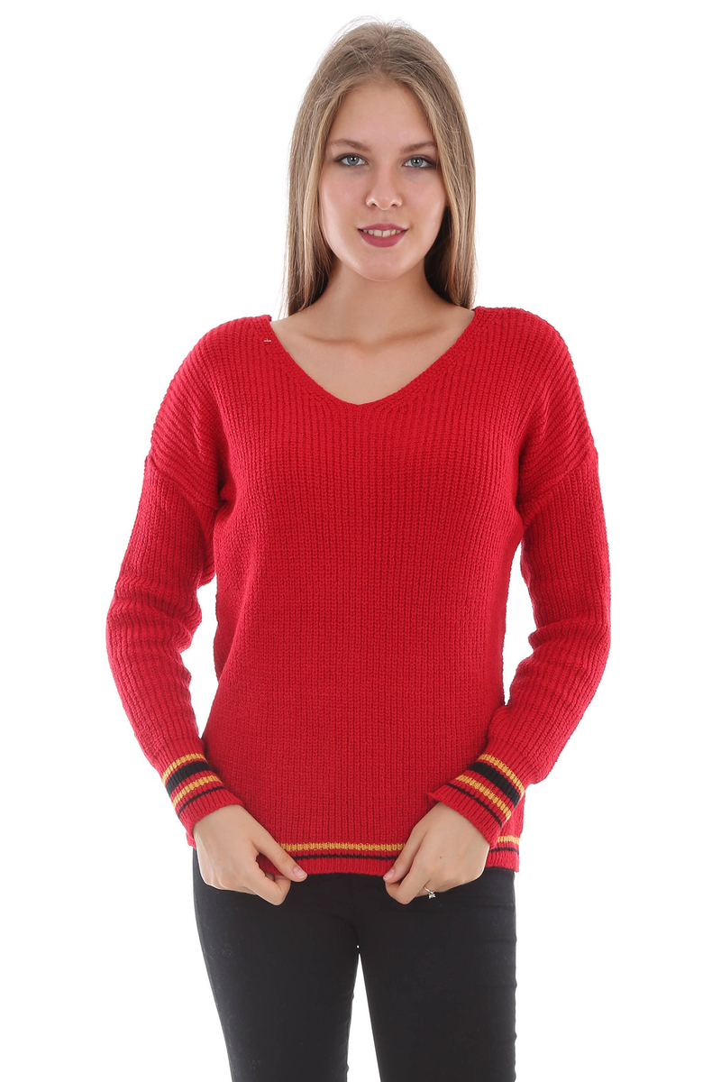 15271 ALTI İKİ RENK TRİKO KAZAK - Kırmızı - BİGDART