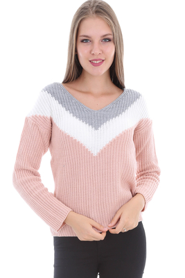 15283 V YAKA DESENLİ TRİKO KAZAK - Pudra - BİGDART
