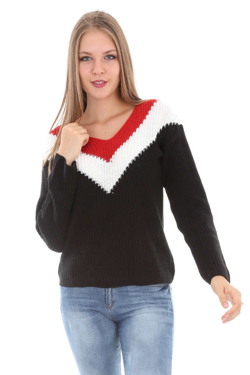 15283 V YAKA DESENLİ TRİKO KAZAK - Siyah - BİGDART