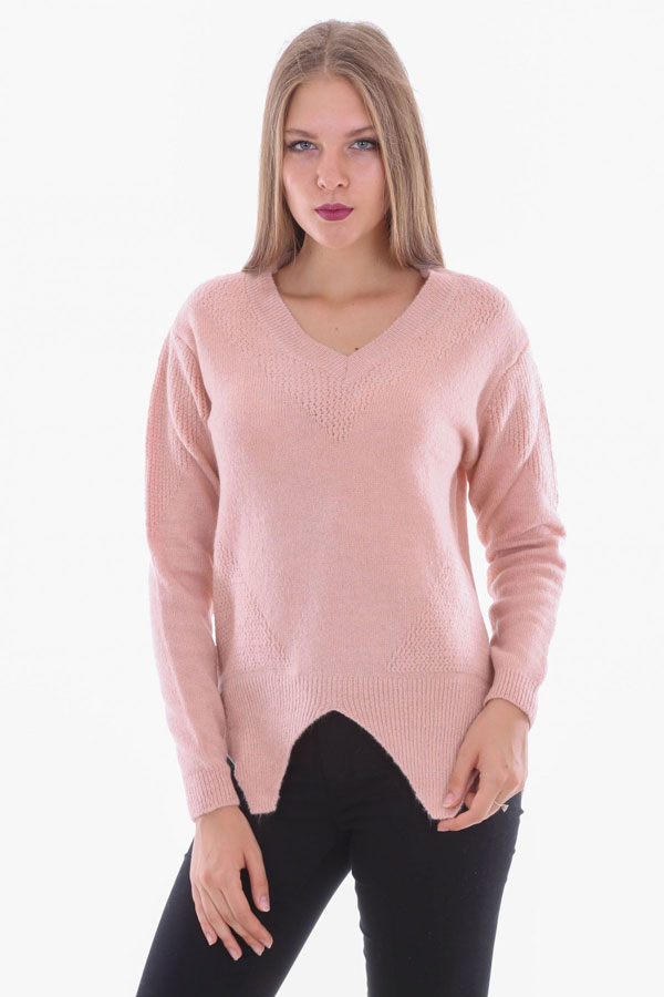 15286 V YAKA TRİKO KAZAK - Pudra - BİGDART