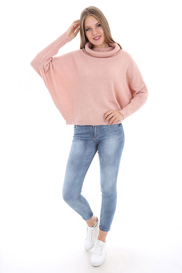 15287 DEGAJE YAKA TRİKO KAZAK - Pudra - BİGDART