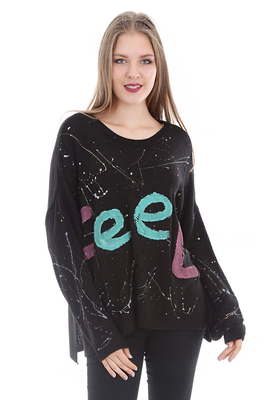 15292 FEEL BASKI TRİKO KAZAK - Siyah - BİGDART