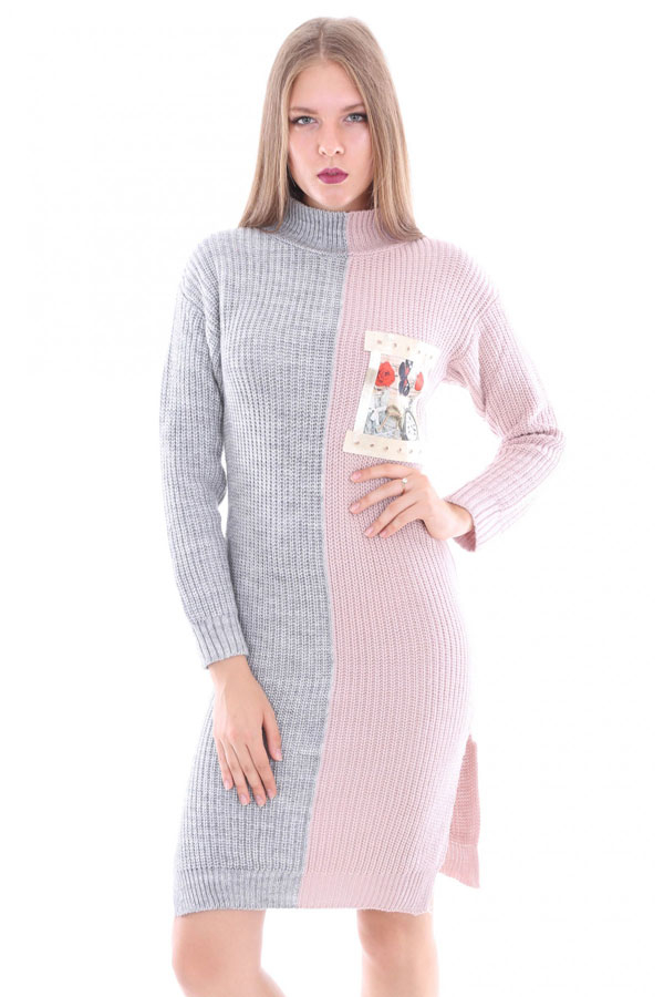 15293 YARIM BALIKÇI TRİKO ELBİSE - Pudra - BİGDART