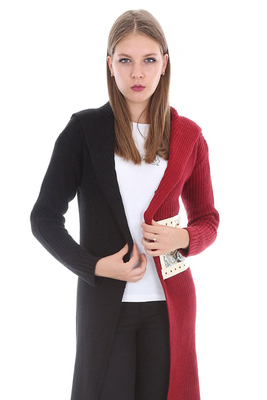 15294 İKİ RENK TRİKO HIRKA - Bordo - BİGDART