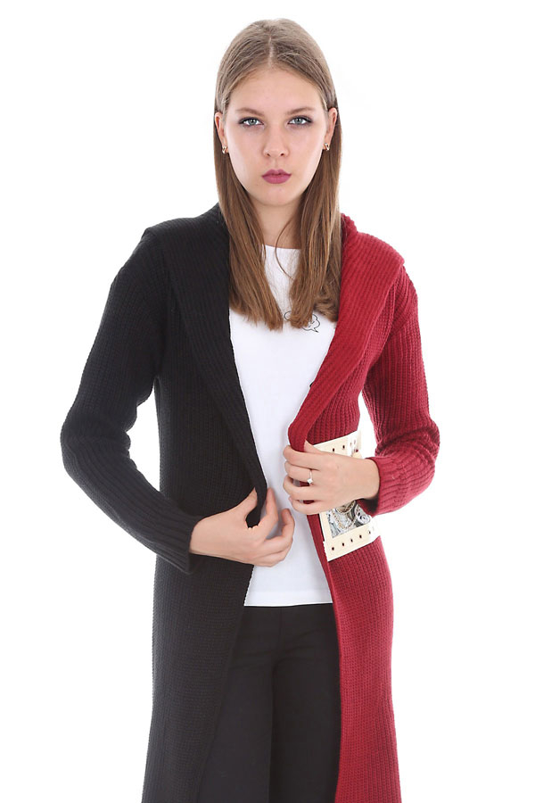 15294 İKİ RENK TRİKO HIRKA - Bordo - BİGDART