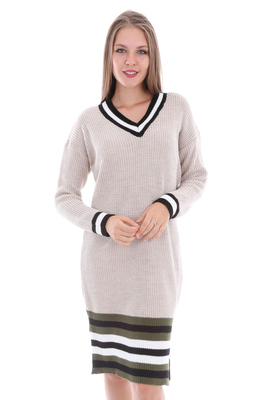 15316 SELANİK ÇİZGİLİ TRİKO ELBİSE - Bej - BİGDART