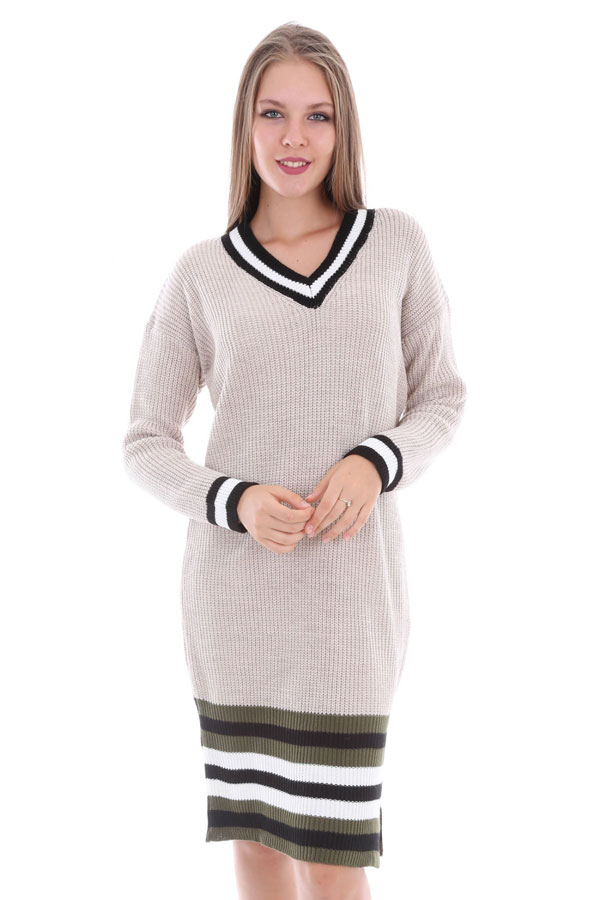15316 SELANİK ÇİZGİLİ TRİKO ELBİSE - Bej - BİGDART