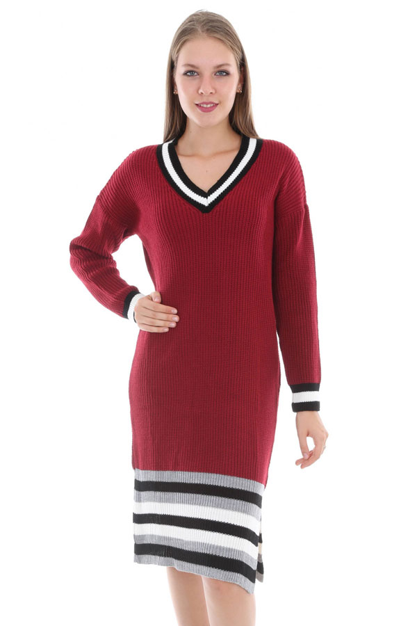 15316 SELANİK ÇİZGİLİ TRİKO ELBİSE - Bordo - BİGDART