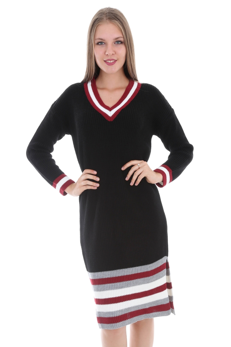 15316 SELANİK ÇİZGİLİ TRİKO ELBİSE - Siyah - BİGDART