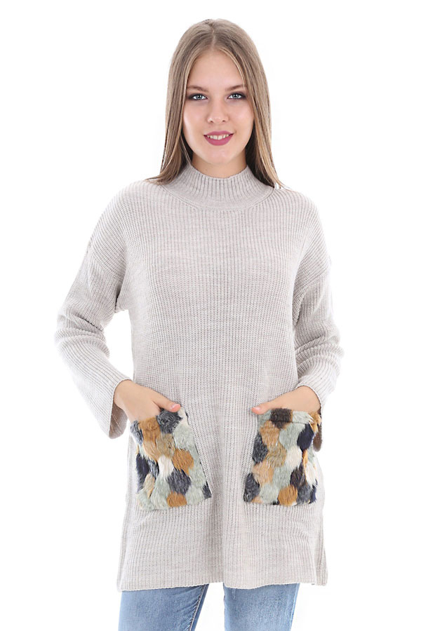 15317 CEPLERİ KÜRKLÜ TRİKO KAZAK - Bej - BİGDART