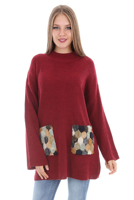 15317 CEPLERİ KÜRKLÜ TRİKO KAZAK - Bordo - BİGDART