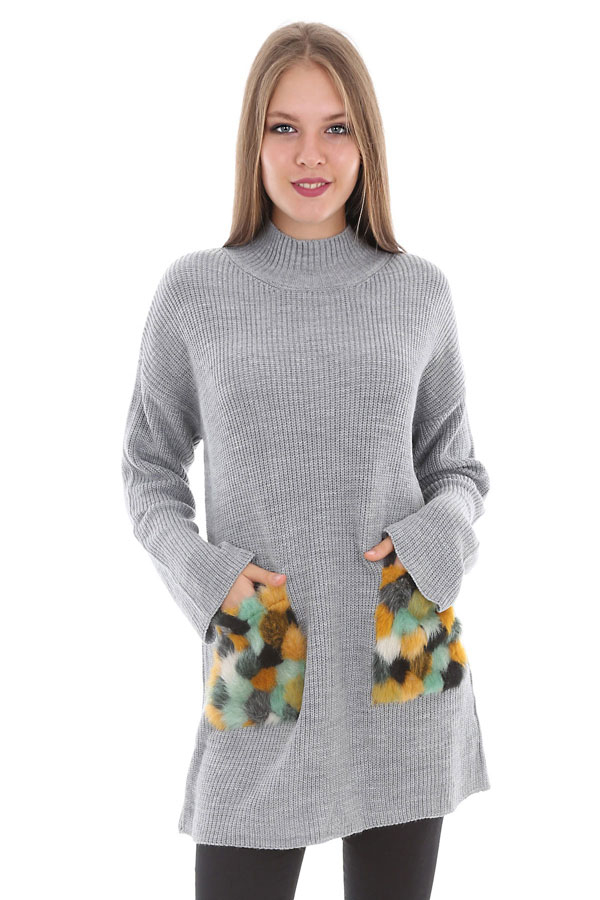 15317 CEPLERİ KÜRKLÜ TRİKO KAZAK - Gri - BİGDART