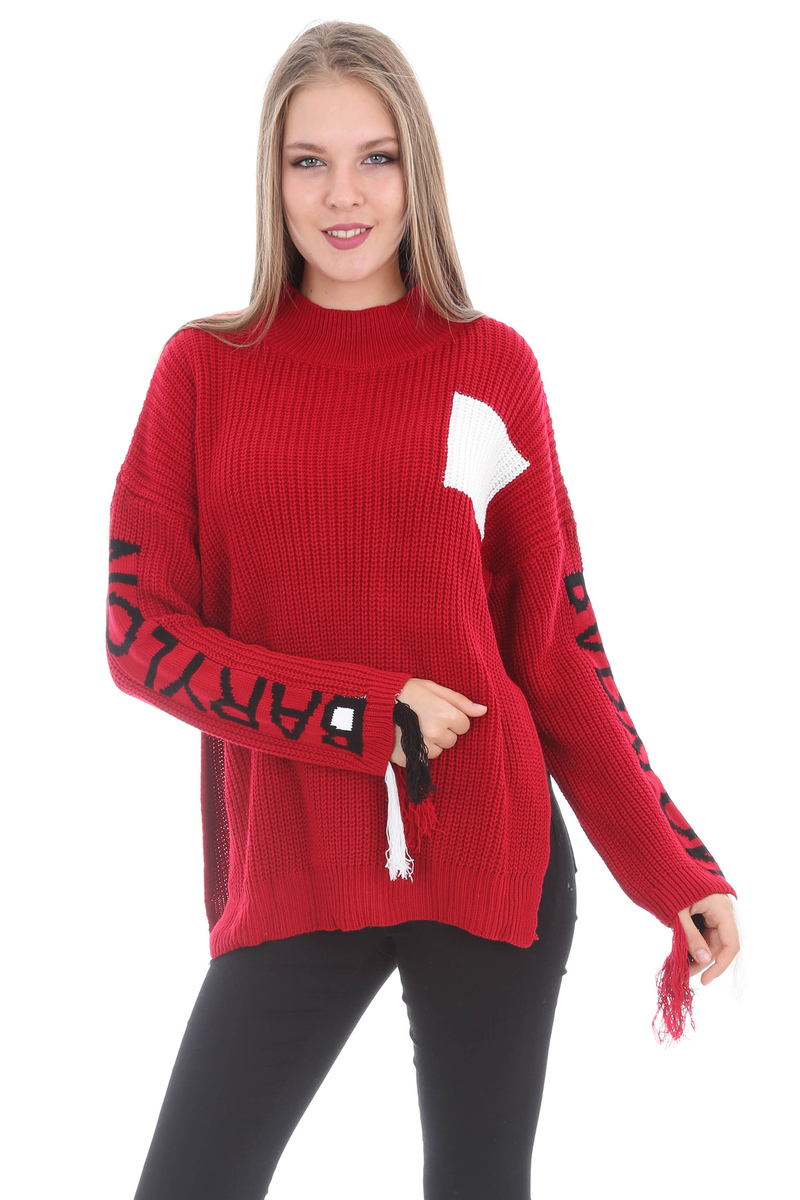 15320 KOLLARI YAZILI TRİKO KAZAK - Kırmızı - BİGDART