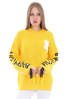 15320 KOLLARI YAZILI TRİKO KAZAK - Sarı - BİGDART