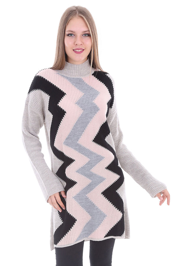 15323 ZİGZAG DESENLİ TRİKO TUNİK - Bej - BİGDART