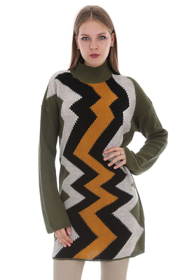 15323 ZİGZAG DESENLİ TRİKO TUNİK - Haki - BİGDART