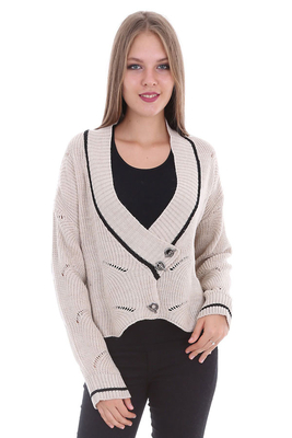 15326 KUŞ GÖZÜ DÜĞMELİ TRİKO HIRKA - Bej - BİGDART