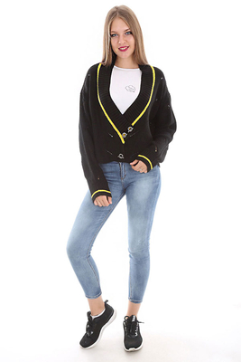 15326 KUŞ GÖZÜ DÜĞMELİ TRİKO HIRKA - Siyah - BİGDART