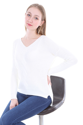 15570 V YAKA YIRTMAÇLI TRİKO KAZAK - Ekru - BİGDART