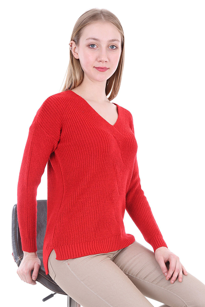 15570 V YAKA YIRTMAÇLI TRİKO KAZAK - Kırmızı - BİGDART