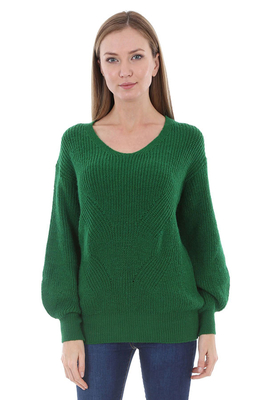 15571 ARKASI DELİKLİ TRİKO KAZAK - Yeşil - BİGDART