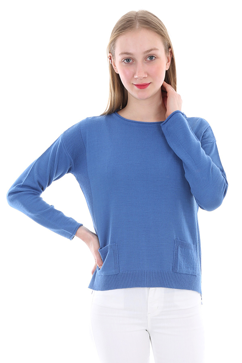 15575 ÇİFT CEPLİ BİSİKLET YAKA KAZAK - Mavi - BİGDART