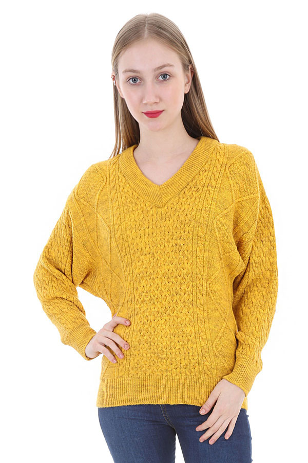 15582 DESENLİ V YAKA TRİKO KAZAK - Sarı - BİGDART