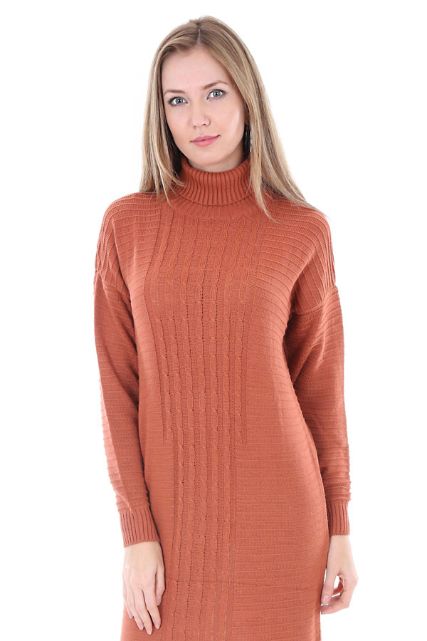 15588 BALIKÇI YAKA ÖRGÜ TRİKO ELBİSE - Kiremit - BİGDART