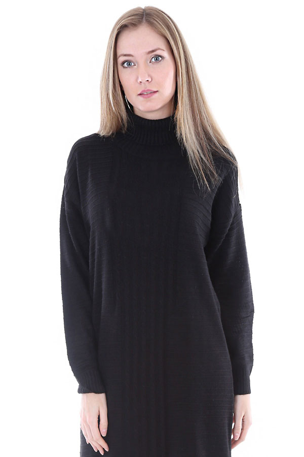 15588 BALIKÇI YAKA ÖRGÜ TRİKO ELBİSE - Siyah - BİGDART