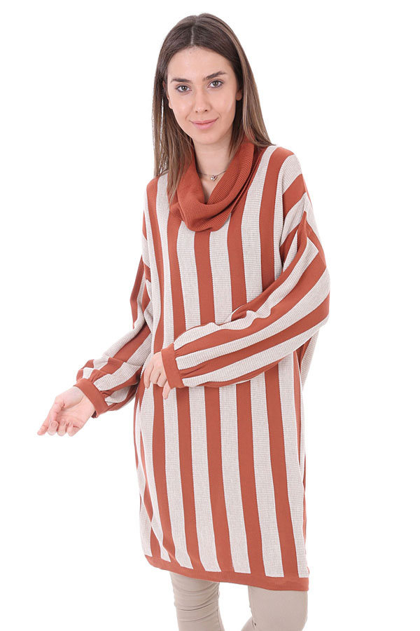 15606 ÇİZGİLİ BOĞAZLI TRİKO TUNİK - Kiremit - BİGDART