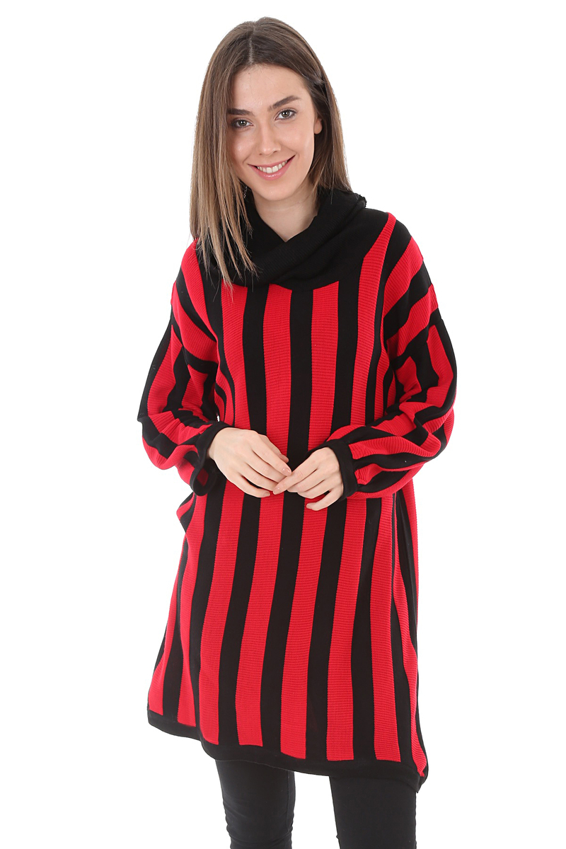 15606 ÇİZGİLİ BOĞAZLI TRİKO TUNİK - Siyah - BİGDART