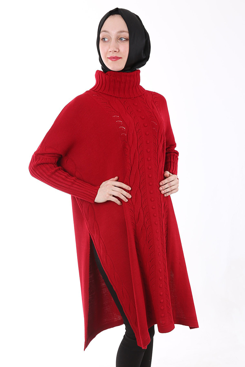 15609 BOĞAZLI YIRTMAÇLI TRİKO TESETTÜR TUNİK - Kırmızı - BİGDART