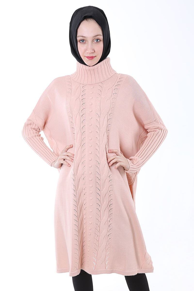 15609 BOĞAZLI YIRTMAÇLI TRİKO TESETTÜR TUNİK - Pudra - BİGDART