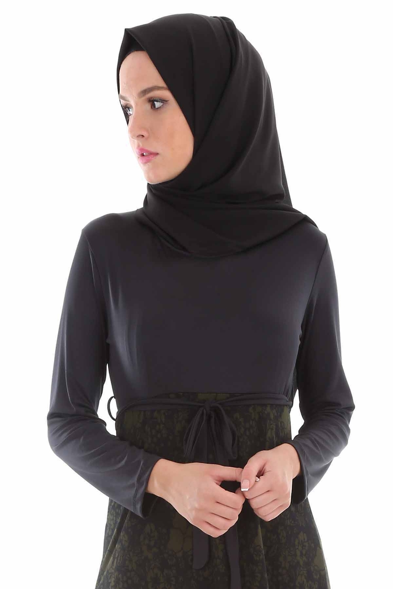 1567 BELİ KUŞAKLI BİSİKLET YAKA TESETTÜR ELBİSE - Haki - BİGDART