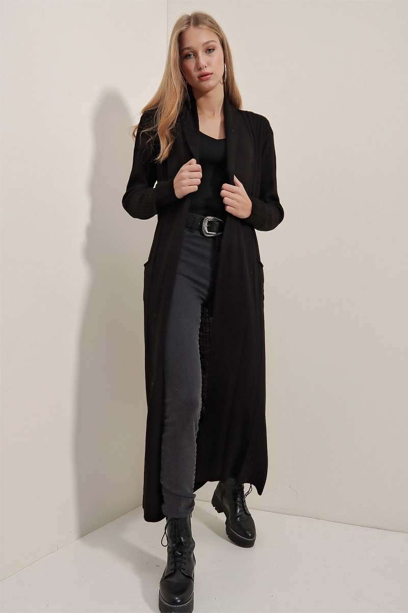 15690 Uzun Triko Hırka - Siyah - BİGDART