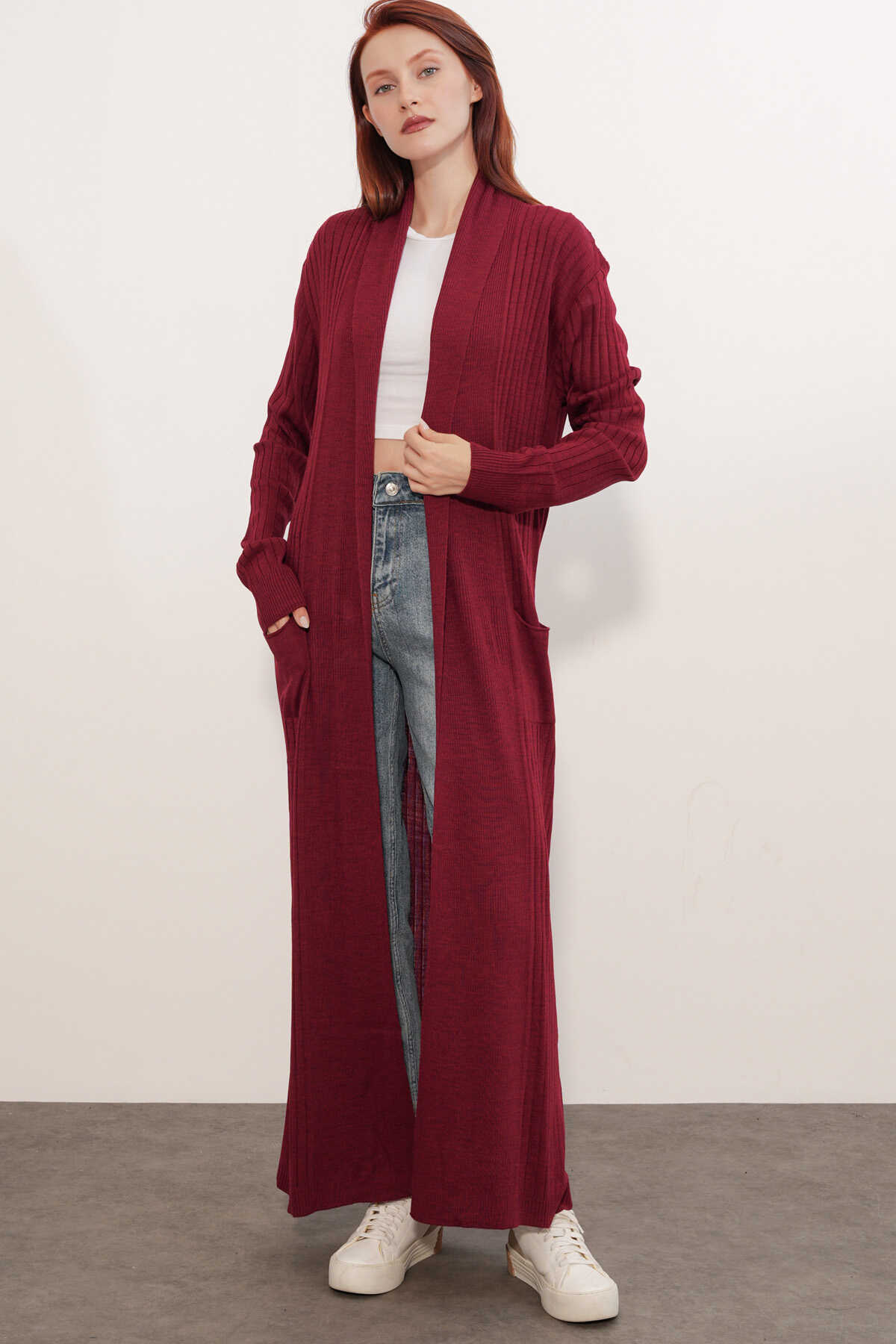 15690 Uzun Triko Hırka - Bordo - 1