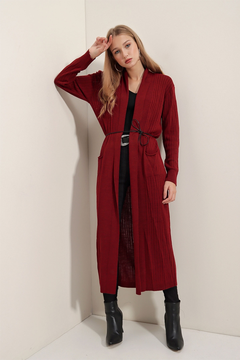 15690 Uzun Triko Hırka - Bordo - BİGDART