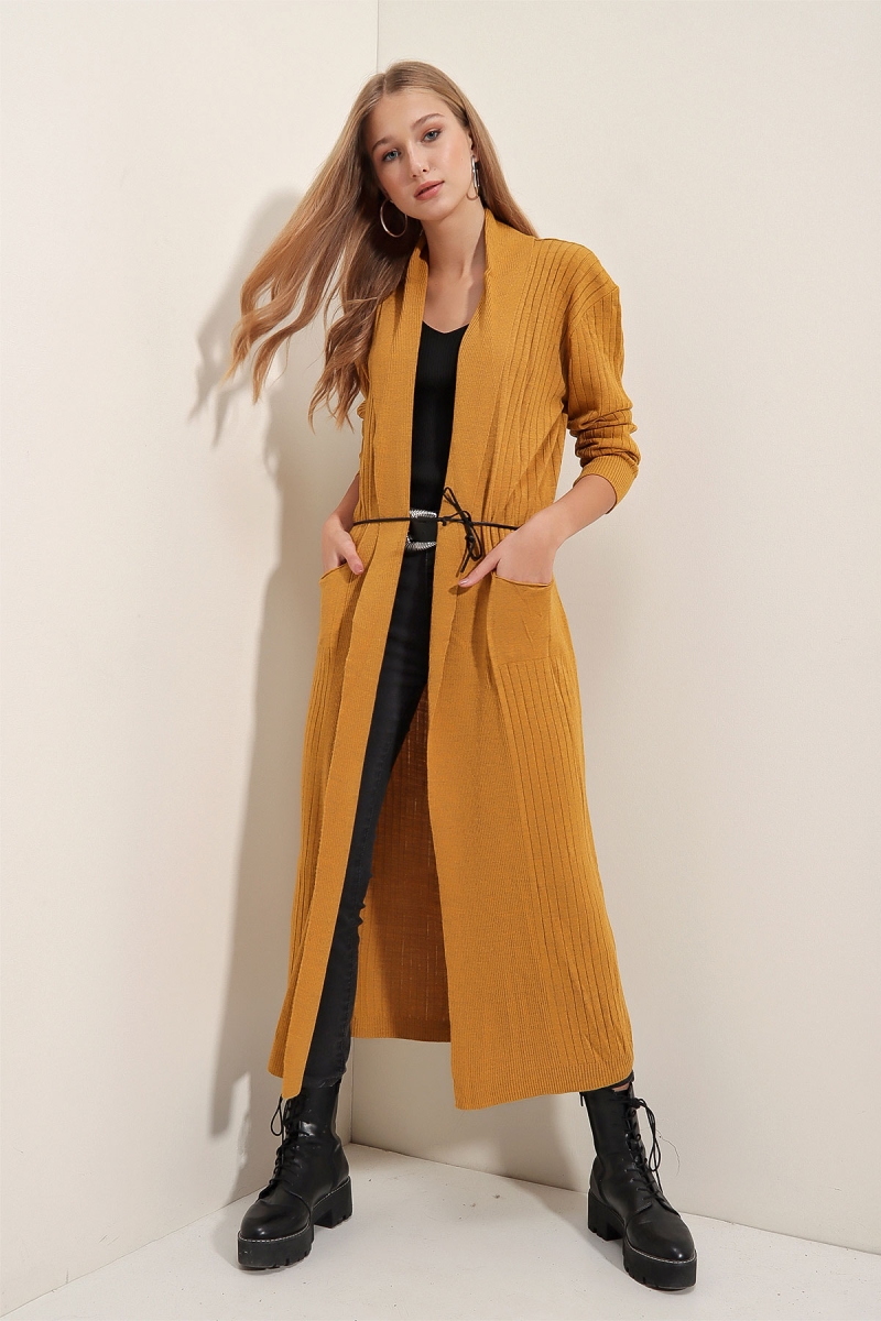 15690 Uzun Triko Hırka - Hardal - BİGDART